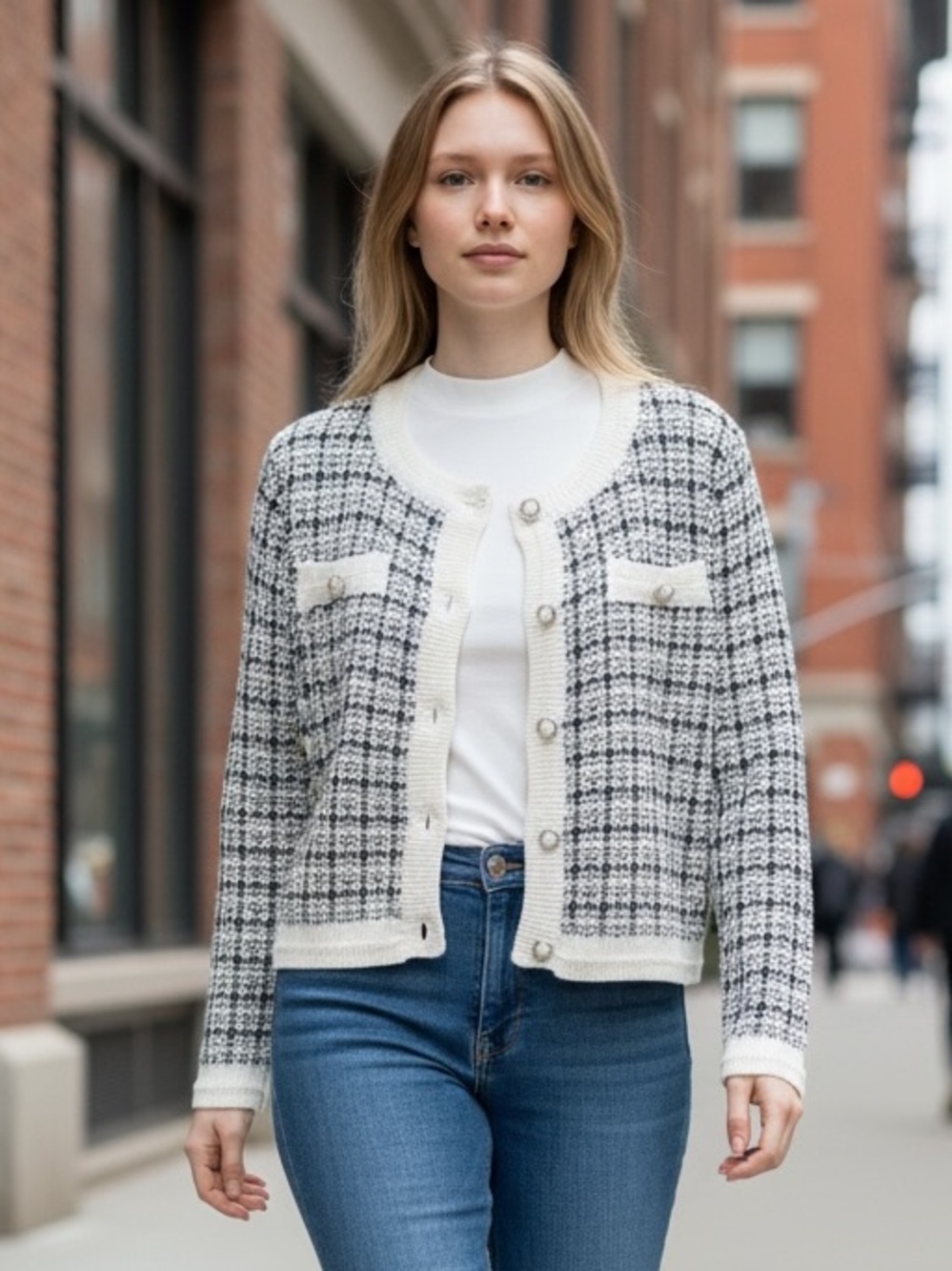Francesca's Black & White Tweed Pearl-Button Cardigan Jacket